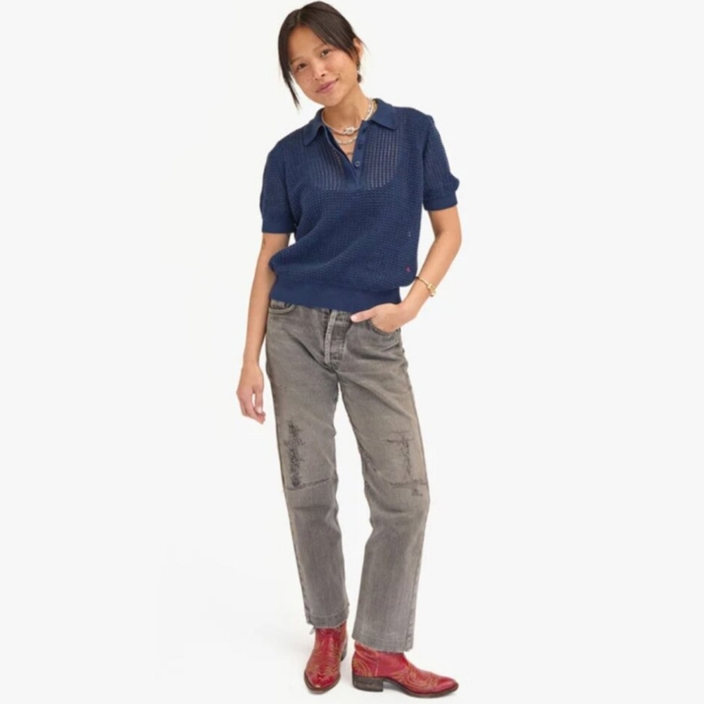 Clare V. Augustine Polo Size L Navy Blue Mesh Cotton Knit Top - Picture 2 of 12